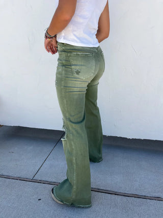 PREORDER: Blakeley Distressed Jeans In Olive and Camel